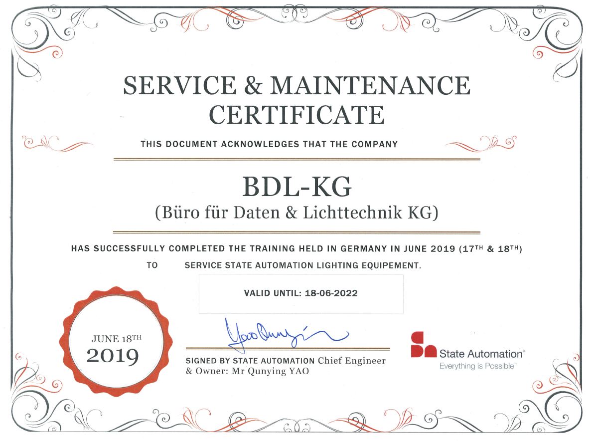 BDL-KG Germany, Service & Maintenance Certificate - State Automation Lighting Equipment